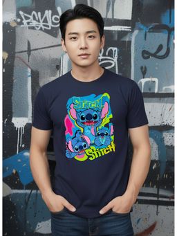 Greylongg - Comfortable Men Round Neck Navy Blue T-Shirt