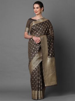 Odette - Brown Festive Silk Blend Woven Design Saree with Unstitched Blouse
