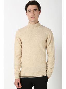 Peter England - Men Beige Textured Turtle Neck Sweater