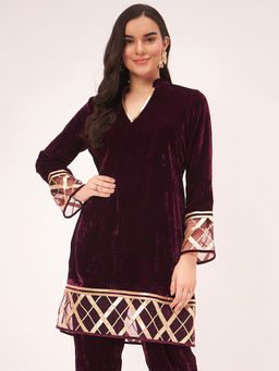 First Resort by Ramola Bachchan - Maroon Silk Velvet Kurta with Gota Lace Detail