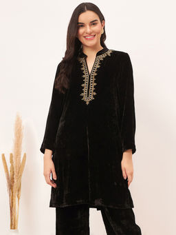 First Resort by Ramola Bachchan - Black Hand Embroidered Silk Velvet Kurta