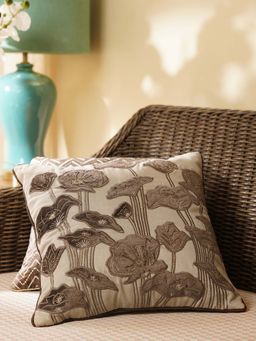 Pure Home + Living - Beige & Brown Floral Embroidered Square Cushion Cover (16x16 inches)