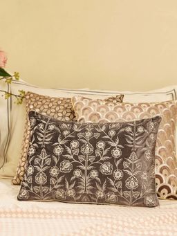 Pure Home + Living - Dark Brown Floral Embroidered Rectangle Cushion Cover (12x18 inches)