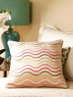 Pure Home + Living - Beige & Green Floral Threadwork Square Cushion Cover (16x16 inches)