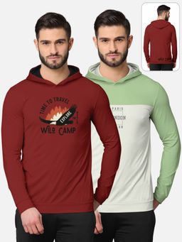 BULLMER - Printed Full Sleeve Hooded T-shirt For Men Multi-color (Pack of 2)