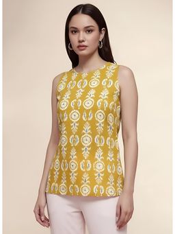 Gahan - Women Stylish Pure Cambric Cotton Printed Sleeveless Tunic - Yellow