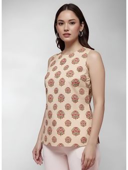 Gahan - Women Stylish Pure Cambric Cotton Printed Sleeveless Tunic - Cream