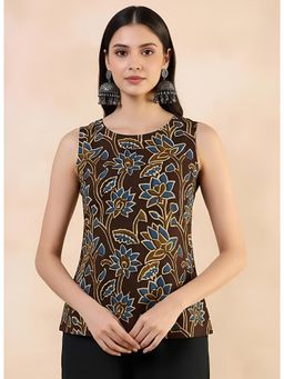 Gahan - Women Stylish Pure Cambric Cotton Printed Sleeveless Tunic - Brown