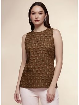 Gahan - Women Stylish Pure Cambric Cotton Printed Sleeveless Tunic - Brown