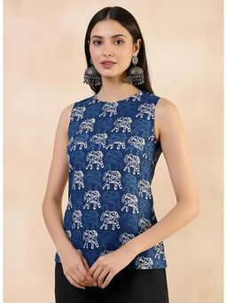 Gahan - Women Stylish Pure Cambric Cotton Printed Sleeveless Tunic - Blue