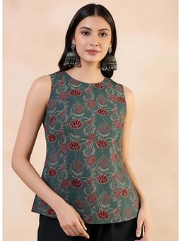 Gahan - Women Stylish Pure Cambric Cotton Printed Sleeveless Tunic - Green