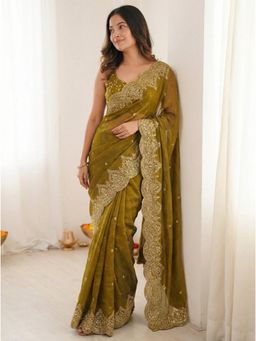 Gahan - Embellished Embroidered Organza Heavy Work Saree with Unstitched Blouse