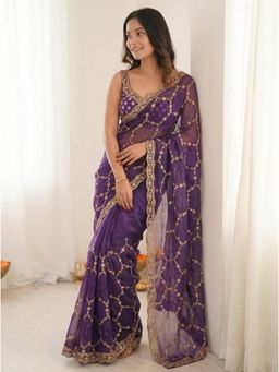 Gahan - Embellished Embroidered Satin Heavy Work Saree with Unstitched Blouse