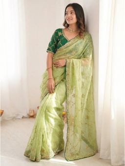 Gahan - Floral Zari Organza Heavy Work Saree with Unstitched Blouse