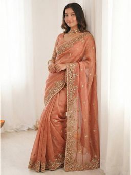 Gahan - Embellished Embroidered Satin Heavy Work Saree with Unstitched Blouse