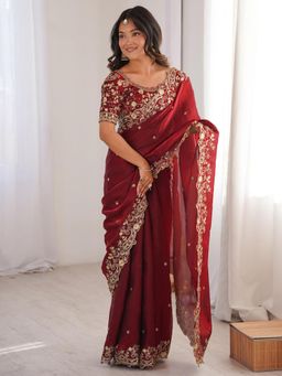 Gahan - Embellished Embroidered Satin Heavy Work Saree with Unstitched Blouse