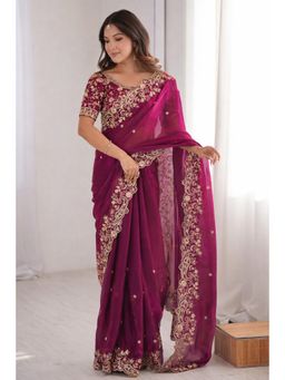 Gahan - Embellished Embroidered Satin Heavy Work Saree with Unstitched Blouse