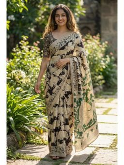 Gahan - Beige Cotton Printed Daily Wear Saree with Unstitched Blouse