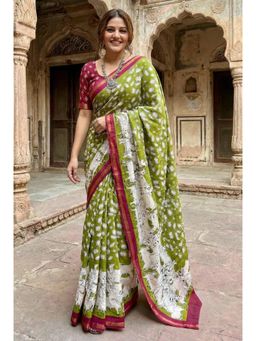 Gahan - Green Cotton Printed Daily Wear Saree with Unstitched Blouse