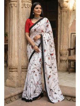 Gahan - White Cotton Printed Daily Wear Saree with Unstitched Blouse