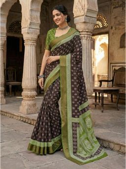 Gahan - Brown Cotton Printed Daily Wear Saree with Unstitched Blouse