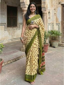 Gahan - Yellow Cotton Printed Daily Wear Saree with Unstitched Blouse