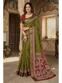 Gahan - Green Cotton Printed Daily Wear Saree with Unstitched Blouse