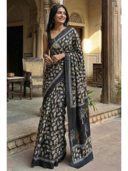 Gahan - Black Cotton Printed Daily Wear Saree with Unstitched Blouse