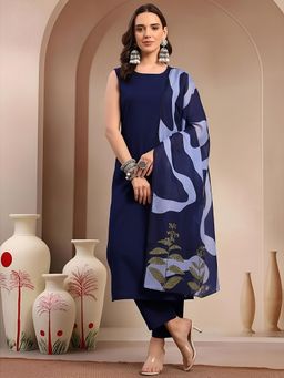 Gahan - Women Solid Cotton Blend Kurta and Pant with Dupatta - Navy Blue
