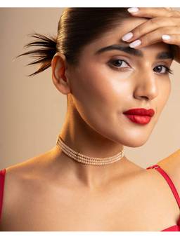 AIRO JEWELRY - Rose Gold Triple Line Pearl Choker Necklace