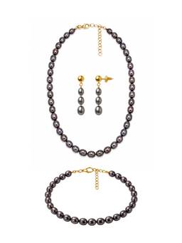 AIRO JEWELRY - Brown Espresso Oval Pearl Necklace with Earrings and Bracelet