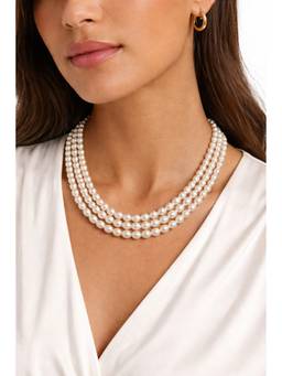 AIRO JEWELRY - White 3 Layer Off White Oval Pearl Necklace