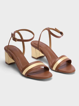 Twenty Dresses by Nykaa Fashion - Tan Metallic Gold Detail Women's Block Heel Sandals
