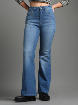 Flying Machine - Women Blue Cotton Solid Flared Jeans