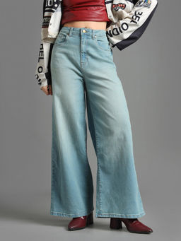 Flying Machine - Women Blue Cotton Solid Wide Jeans