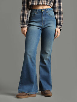 Flying Machine - Women Blue Cotton Solid Flared Jeans