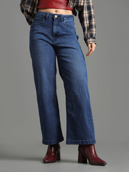 Flying Machine - Women Blue Cotton Solid Wide Jeans