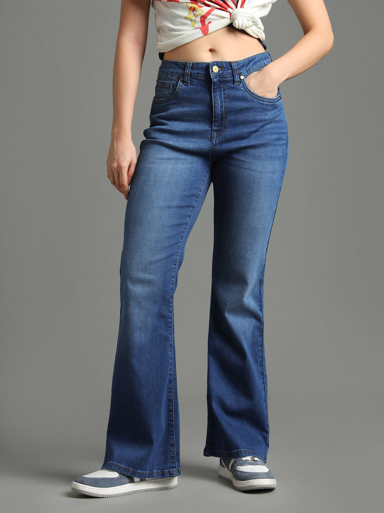 Women Blue Cotton Solid Flared Jeans-image-1