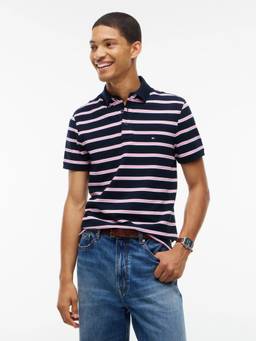 Tommy Hilfiger - Navy Blue Striped Regular Fit Cotton Polo T-Shirt