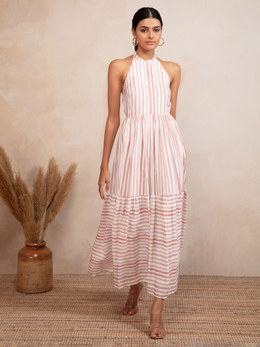 RSVP by Nykaa Fashion Pink Stripes Halter Neck Maxi Dress