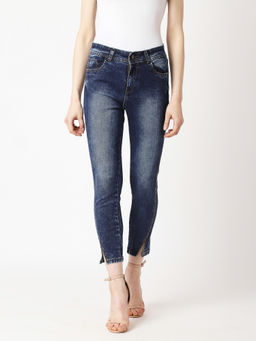 DOLCE CRUDO - Women's Navy Blue Skinny High Rise Clean Look Side Slit Ankle Length Denim Jeans