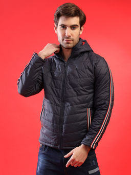 Campus Sutra - Men Navy Blue Solid Windcheater Padded Jacket With Side Stripes