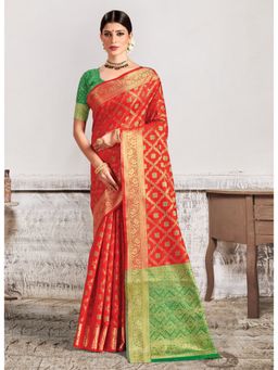Sangam Prints - Red Woven Work Traditional Saree with Unstitched Blouse