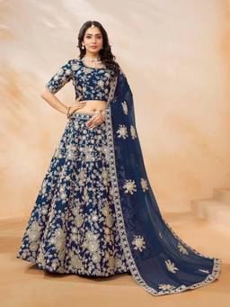 Gahan - Navy Blue Art Silk Heavy Thread Embroidery with Semi Stitched Lehenga Choli