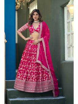 Gahan - Rani Pink Dola Silk Jacquard Woven with Heavy Thread Embroidery Semi Stitched Lehenga Choli