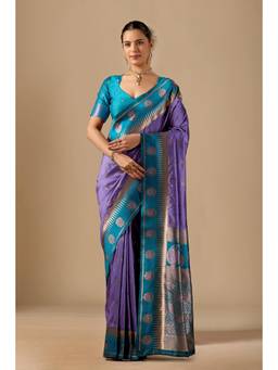 Nyri - Women Lavender Silk Banarasi Saree with Woven Border & Elegant Pallu