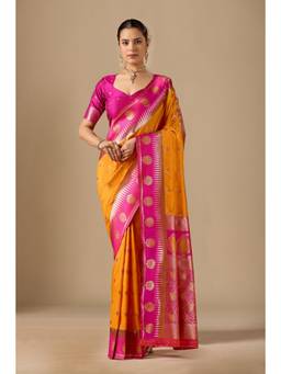 Nyri - Women Yellow Silk Banarasi Saree with Woven Border & Elegant Pallu