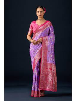 Nyri - Women Lavender Silk Banarasi Saree with Woven Border & Elegant Pallu