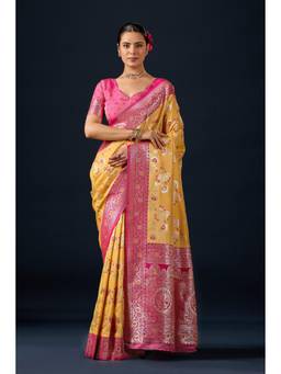 Nyri - Women Yellow Silk Banarasi Saree with Woven Border & Elegant Pallu