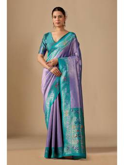 Nyri - Women Lavender Silk Blend Jacquard Banarasi Saree with Woven Border & Elegant Pallu